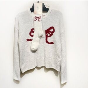 Happily Grey Fuzzy Pyjama Top Sock Set New Size XS Oversized Bow Print White Red